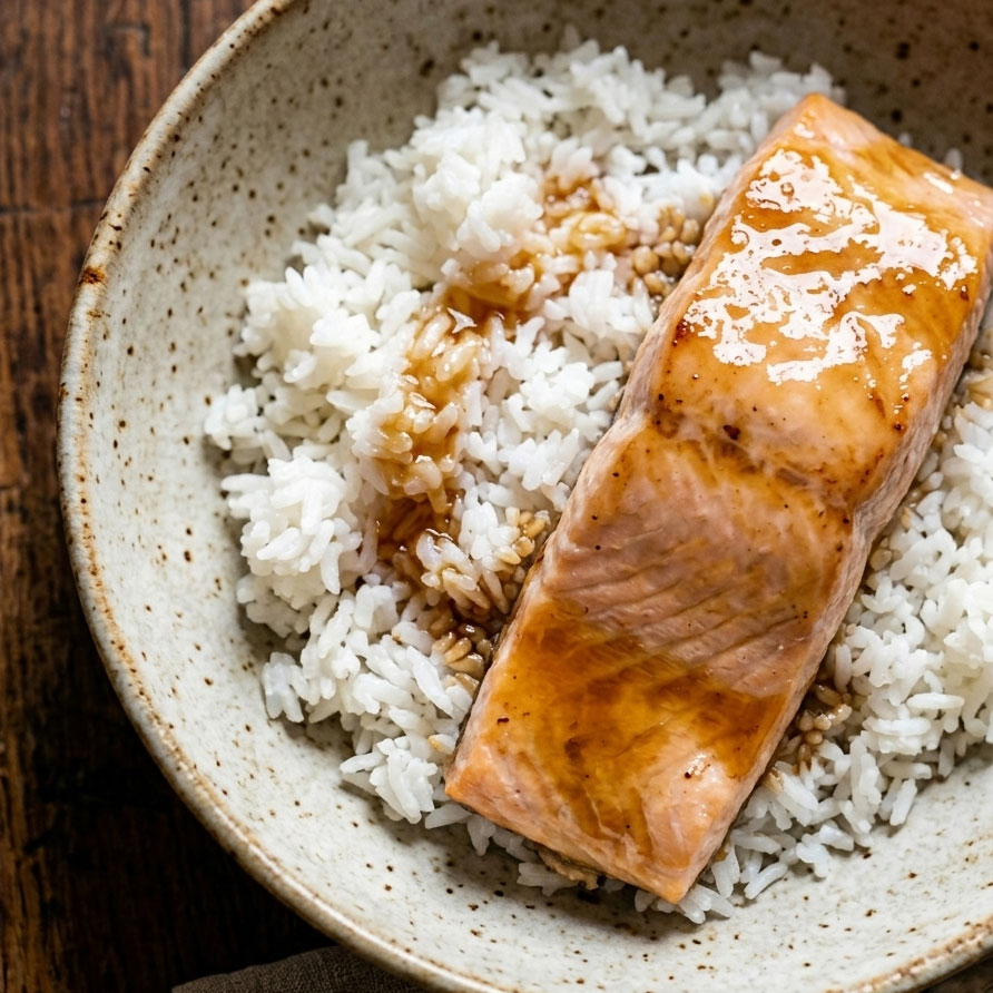 Saumon teriyaki nappé de sauce avec riz blanc