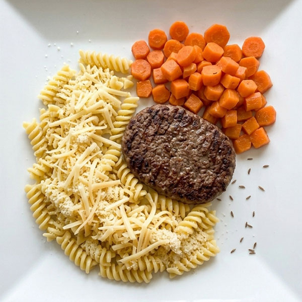 Steak haché, pâtes tortis et carottes