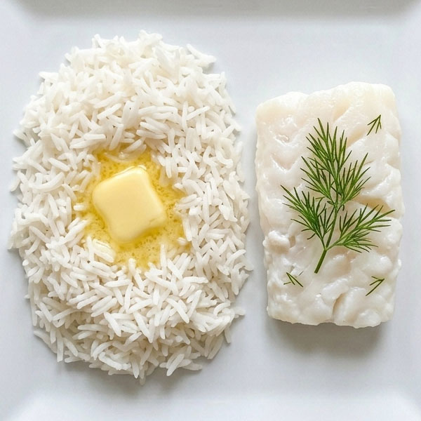 Poisson cabillaud Findus, riz blanc